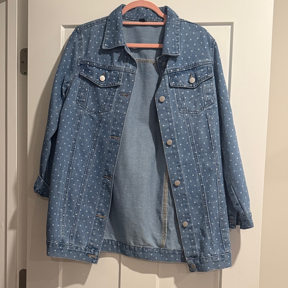 Oversized Blue Denim Jacket with Polka Dots
